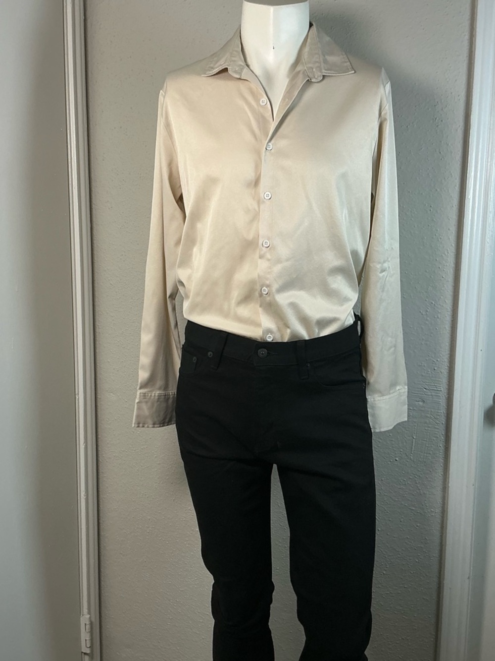 SHEIN Men's Long-Sleeve Satin Button-Up Shirt in Light Beige - Picture 9 of 9